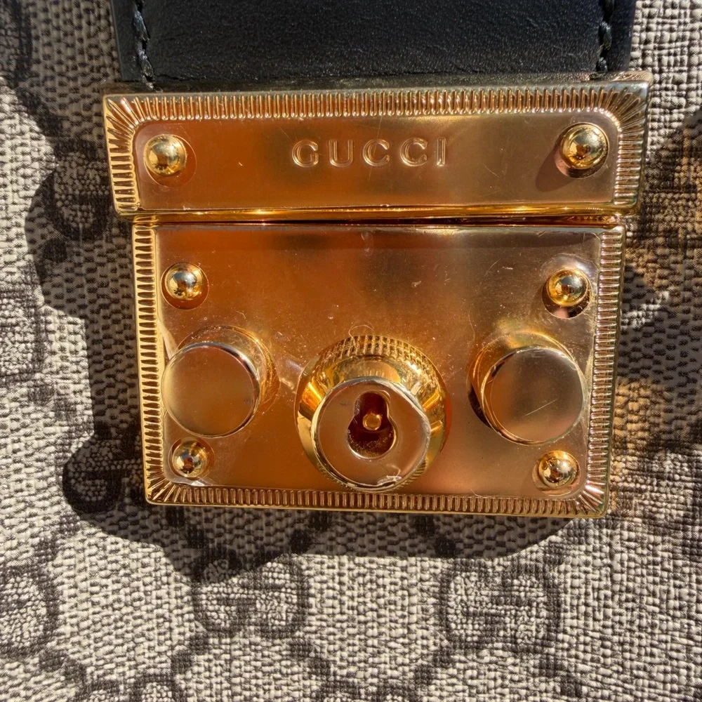 Gucci Beige GG Supreme Canvas Tote with Black Leather Trim and Gold Hardware